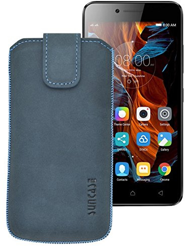 Suncase ECHT Ledertasche Leder Etui für LG Q6 Tasche (mit Rückzugsfunktion und Klettverschluss) Pebble-Blue
