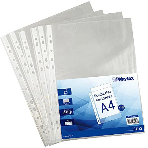 Waytex 931301 Pochettes Perforées A4 Transparentes Grainées 40 microns - Paquet de 50