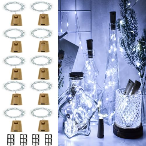 ooklee Bottle Lights with Cork 10 Pack, Cool White, 2M 20 LEDs | Copper Wire Wine Bottle Lights Battery Operated Suitable for Party, Xmas, Birthday, Table, Jars, DIY Decor, Indoor/Outdoor