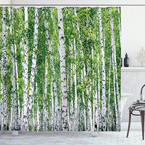 ABAKUHAUS Birke Duschvorhang, Frische Sommer-Blätter, Stoffliches Gewebe Badezimmerdekorationsset mit Haken, 175 x 220 cm, Schwarz Grün Weiß