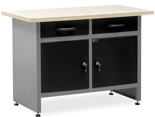 METALLMOBELL - Banco da Lavoro Officina | 120x60x84cm, con Cassetti e Armadietto | Tavolo da Lavoro Garage, Banchetto da Lavoro, Banco da Falegname, Banco da Lavoro Garage, Banco Lavoro MB06G