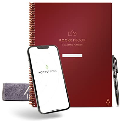 Rocketbook Wiederverwendbarer Digitales Notizbuch Planer - Kastanienbraun - Wiederbeschreibbarer Akademischer Tages-, Wochen- und Monatsplaner - 21,6 x 27,9cm - mit Pilot Fixion Stift, Mikrofasertuch