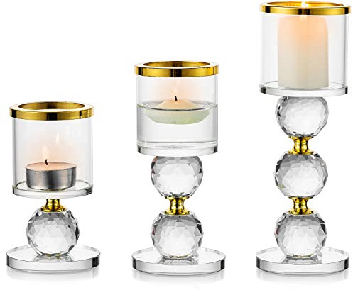 Sziqiqi Support pour Bougies Piliers en Cristal, 3 Chandelier Bougeoir en Verre Transparent, Moderne Candélabre Photophore pour Table Deco Salon Noel Maison Cadeaux de Mariage, Or