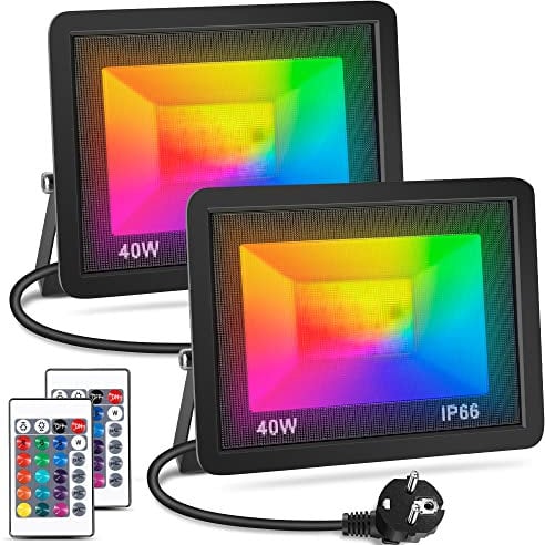 ausyde LED Floodlight 40W RGB Colour Changing Floodlight Remote Control IP66 Waterproof Dimmable Atmospheric Light for Decorative Stage Landscape Garden Tree Floodlight UK 3 pin Plug(2 Pack)