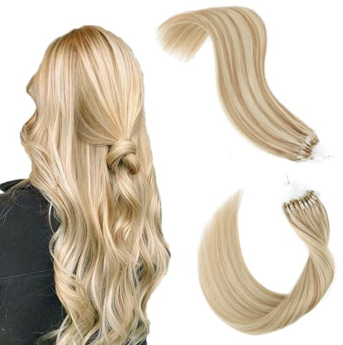 ABH AMAZINGBEAUTY HAIR Microbead Extensions en cheveux réels, blond cendré, micro boucles, extensions de cheveux réels, mix blond clair, 35 cm, 50 g, 50 mèches de cheveux doux
