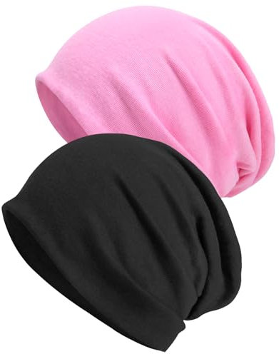 Senker Fashion Slouchy Beanie-Mütze, Baumwolle, Chemo-Kopfbedeckung, für Damen und Herren, 2 Stück, Dunkelgrau/Violett, Large