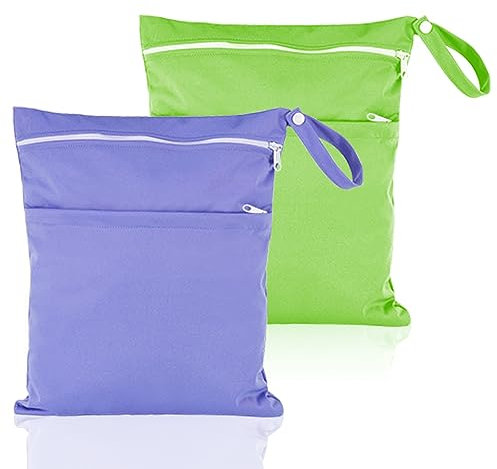 tao pipe wasserdichte Stoffwindeln Nasstaschen,2er Große Wickeltasche Wetbag,Nasstaschen Wiederverwendbare,Wet Dry Cloth Windeltasche mit Reißverschluss für Baby Reisen Unterwegs(grün und lila)