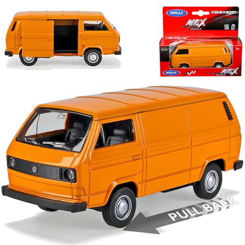Welly Volkwagen T3 Transporter Kasten Orange 1979-1992 mit Rückzugsmotor ca 1/43 1/36-1/46 Modell Auto
