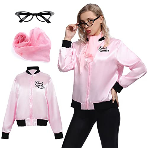 Wizland Women Pink Satin Ladies Grease Jacket with Neck Scarf and Glasses | 1950s Retro Fancy Dress, S-2XL, Perfect for Halloween Cosplay and Vintage Themed Party