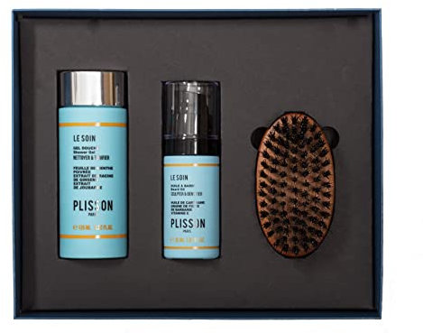 Plisson - Set mit Engelsbart – 1 Duschgel 3-in-1 + 1 Bartöl + 1 Bartbürste – notwendig Bartpflege für Herren – 95 bis 99 % Inhaltsstoffe natürlichen Ursprungs