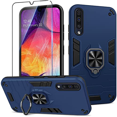 Btstring Hülle kompatibel mit Samsung Galaxy A50 mit Schutzfolie, Militär Standard Stoßfest Handyhülle Case Hybrid Metall Ring Halter Schutzhülle Handy Hüllen Cover -Blau