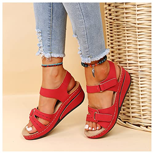 DRIMEE Sandalias Mujer Plataforma Verano Cuña Sandalias Boca de pez Piscina Playa Antideslizantes Zapatos Bohemias Casual Roma Estilos Casual Fiesta Tacones Altos,Rojo,US5/EU36