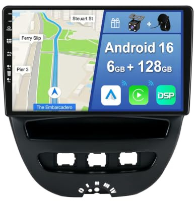 YUNTX [6GB+128GB] Android 14 Autoradio für Peugeot 107 Toyota Aygo Citroen C1 2005-2014-[Integriertes CarPlay/Android Auto/DSP/GPS]-10.1” IPS 2.5D-Kamera+MIC-DAB/Mirror Link/Bluetooth 5.0/360 Kamera