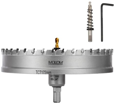 Mollom (172mm | 6-3/4) Scie cloche en carbure pour usage intensif avec 2 forets pilotes, coupe l'acier inoxydable, l'acier doux, le fer, le cuivre, le laiton et le plastique
