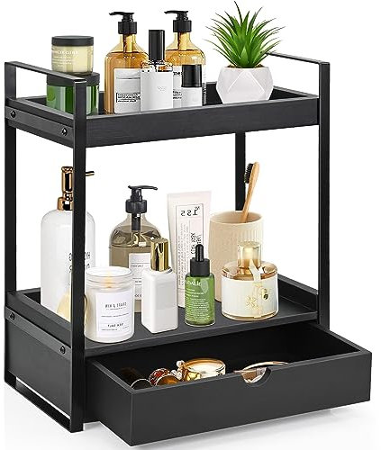 2-Tier Wood Counter Shelf with Drawer, Organizer for Bathroom & Kitchen, Vanity Tray for Organization & Decor (Black)