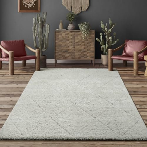 the carpet Bahar Shaggy eleganter Designer Teppich Wohnzimmer, weicher & pflegeleichter Hochflor Wohnzimmerteppich in Creme-Raute 120 x 170 cm