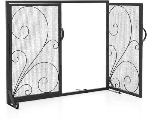 COSTWAY Parascintille per Camino a Doppia Anta, Schermo Protettivo Piatto 96 x 78 cm, con Pannelli Magnetici, Supporti Stabili Posteriori e Anteriori, Ideale per Soggiorno