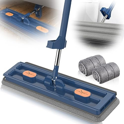Kidmis Neuer Super Saugfähiger Großer Flachmop, Großer Flach Mopp Bodenwischer, Bodenwischer Große Flächen mit 137cm Langem Edelstahl Griff, Industrie Wischmopp mit Drehbarer Wischkopf (2 Lappen)