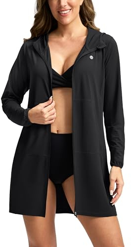 Women's UPF 50+ Swim Cover Up Sun Protection Hoodie Long Jacket SPF Lightweight Beach Cover Ups for Women(Black,L)
