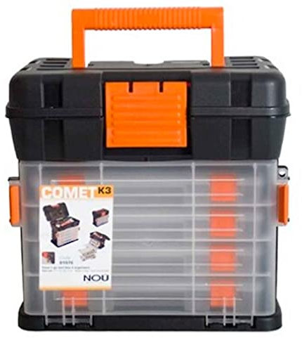 AC - Caja de Herramientas de 25,5 x 28 x 17,5 cm con Varios compratimentos Individuales. Arcón Especial para Bricolaje con Distintas divisiones para Guardar o almacenar Utensilios, Negro y Naranja