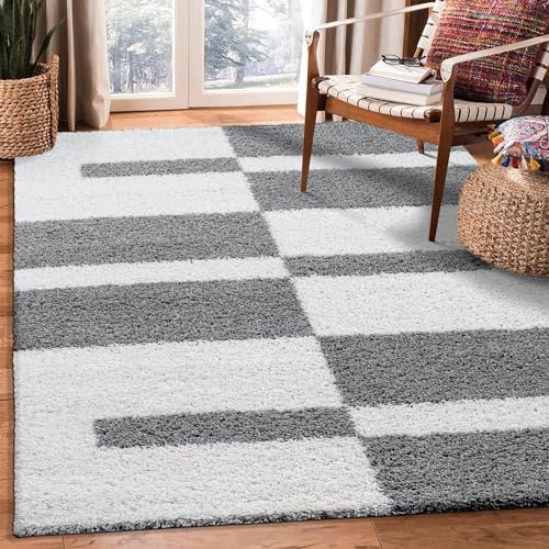 SANAT Milano Shaggy Teppich - Hochflor Teppiche für Wohnzimmer, Schlafzimmer, Küche - Weiss Hellgrau, Größe: 120 x 170 cm