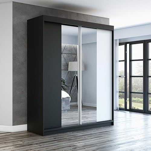 A&J MöbelLand Schwebetürenschrank ELEGANZA Kleiderschrank 2-türig mit Schubladen und Spiegel, Garderobe 180 cm (Schwarz/Weiß)