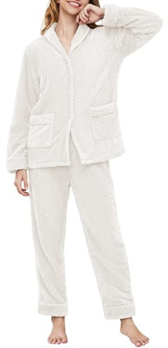 RITOSTA Pigiama Donna Invernale Lungo Pigiami in Pile da Notte Due Pezzi Morbido Pigiama Stitch Felpa e Pantalone Pigiama Natalizio Caldo Completo Invernali Tuta Termico con Tasca (Bianco,XL)
