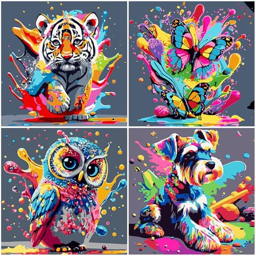 FLAJZ Lot de 4 peintures à l'huile par numéros pour enfants à partir de 5, 6, 7, 8, 9, 10, 11, 12 ans, fille et garçon, peinture à l'huile colorée pour la décoration de la maison, 20 x 20 cm