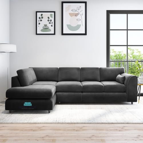 Gamzo Outlet Exclusive Resilient XL Left Hand Corner Full Back Sofa Plush Velvet Stylish Up-to-date Cosy Home Furniture for Spacious Indoor Outdoor Living Room Bedroom (Black, XL Left Hand Corner)