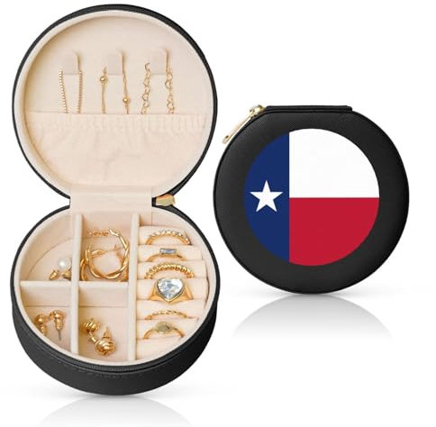 Schmuckschatulle mit Texas-Flagge, Reise-Schmuck-Organizer, Aufbewahrung für Damen, Halsketten, Ohrringe, Ringe, Accessoires, Aufbewahrung (schwarz, rund)