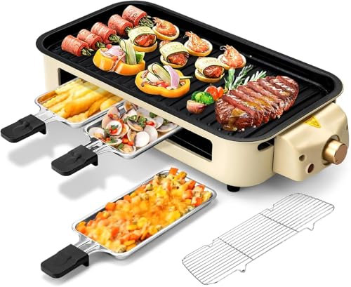 HYQNG Griglia elettrica per raclette da Interni, griglia per Barbecue elettrica Senza Fumo con Rete e 3 Piastre di Cottura antiaderenti, Controllo della Temperatura, Lavabile in lavastoviglie