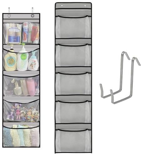 YUNXCNA Hängeregal Organizer mit 5 Netztaschen und 2 Haken, Aufbewahrungstasche, Aufbewahrungsnetz Hängeregal, Multifunktionale Hängeorganizer, Für Spielzeug, Kleidung (Grau)