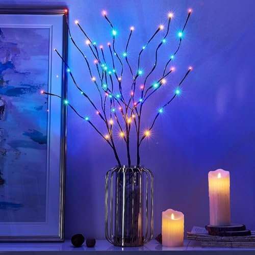 Eambrite 3er Set Lichterzweige mit 60 Bunten LEDs, Beleuchtete Braune Zweige mit Erdspießen, Weihnachtsdeko für Zuhause Garten Wege Terrasse Innen Außen 76 CM