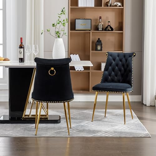 BTYJLEBE Esszimmerstühle 2er Set Samt Stuhl mit Gold Metallbeine Nagelkopfbesatz Küchenstühle Modern Polsterstuhl Bequemer Gepolsterter Rückenlehne für Wohnzimmer Esszimmer Schlafzimmer Küche Schwarz
