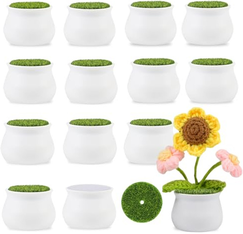 FINGOOO 2 Inch Little White Pots, 12 Pack Plastic Plant Pots with Foam and Simulated Lawn for Crochet Flowers Knit Plants DIY Craft Home Desk Decor