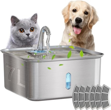 Stainless Steel Pet Water Fountain, 7L/236oz Large Capacity Dog Cat Fountain with 6 Filters, Ultra-Quiet ≤25dB Pump, 4-Stage Filtration for Multi-Pet Households