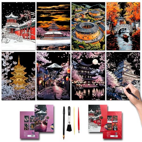 SiYear Kratzkunst-Malpapier-Set für Erwachsene und Kinder, Sehenswürdigkeit, Stadtserie, Nachtszene, Kratzbrett, kreatives Geschenk, DIY-Foliengravur, Basteln mit 4 Werkzeugen (Asian Series-A3