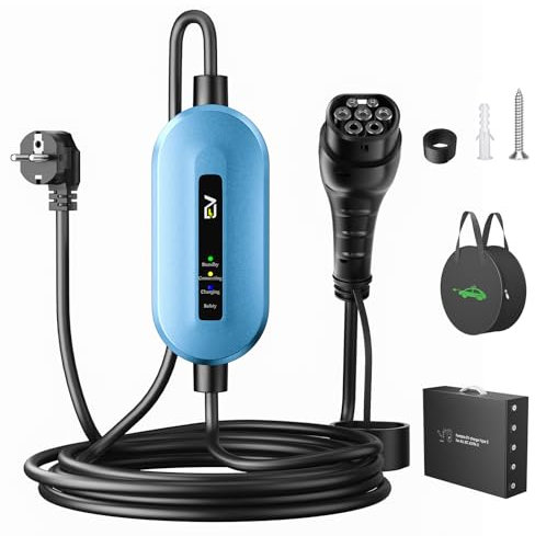Evjuicion Chargeur Voiture Electrique 16A 3,68kW 6 Mètres Cable de Recharge Voiture Électrique avec Voyant LED, Bleu Portabilité Domestique EV Chargeur Type 2 avec Sac Rangement, IEC 62196