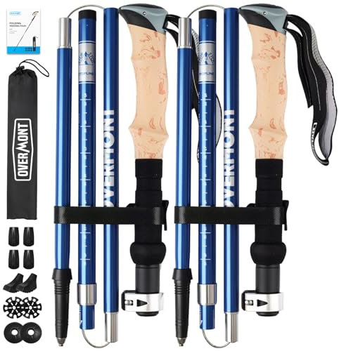 Overmont Wanderstöcke Faltbar Aluminium Ultraleicht - Verstellbar 105-125 cm Trekkingstöcke - Nordic Walking Stöcke 1 Paar mit All-Terrain Zubehör Blau