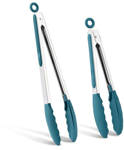 Joyfair 2 Stück Edelstahl Blau Grillzange Küchenzange Set, 34cm & 26cm | Rutschfesten Silikonspitzen und Griff, Hitzebeständige Fleischzange für Grill, Kochen, Backen, Spülmaschinenfest