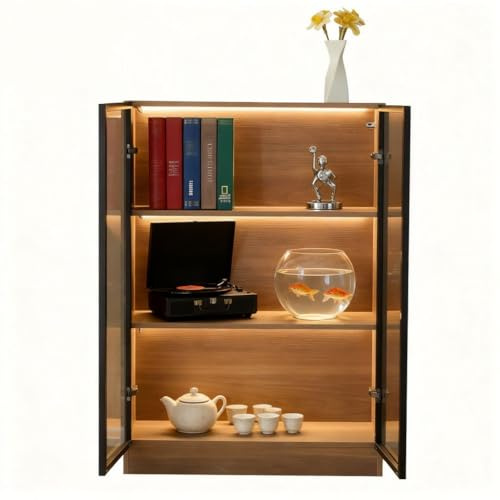 Naturholzglas-Ausstellungsvitrine Dreistöckige beleuchtete Vitrine, für verschiedene Szenarien geeignet, Aufbewahrungsschrank, Wohnzimmer-Beistellschrank, , Ausstellungsvitrine für Sam,80x32x106 cm