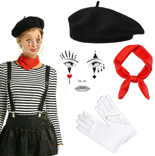 XINDY Karneval Pantomime Kostüm Damen Herren, Schwarze Baskenmütze Barrett Mütze Rotes Tuch Weiße Handschuhe Gesichtstattoo für Halloween Faschingskostüme Karneval Kostüm Damen Herren
