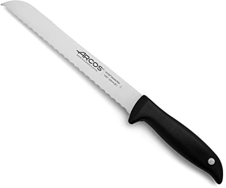 Arcos Cuchillo para Pan con Hoja Acero Inoxidable Nitrum 200 mm. Obtenga una Gran Variedad Cortes parau Comida. Cuchillo Ideal para Uso doméstico Diario. Serie Menorca. Color Negro.