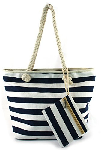 Sac de plage zippé de haute qualité avec poignées en corde, doublure imperméable, poche intérieure zippée et sac à main zippé assorti. - Bleu - Blue & White Stripes,