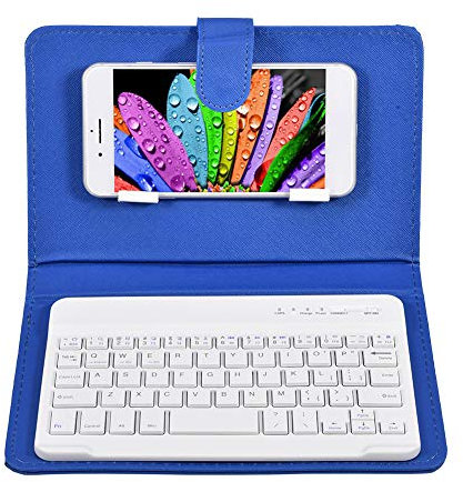 Tastiera Bluetooth Senza Fili, Custodia in Pelle PU con Supporto per telefoni iOS/Android Cavo USB Ricaricabile Tastiera Rimovibile Universale(Blu)