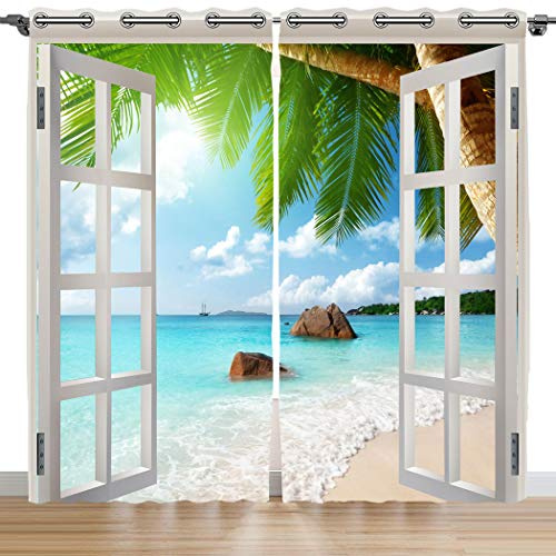 Violetpos 160 x 110 cm Weiße Fenster Strand Palmen Meer Gardinen Blickdichter 2er Set Vorhang Verdunkelung mit Ösen für Schlafzimmer Wohnzimmer