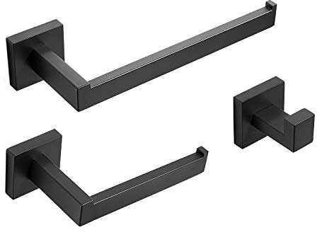 NEWRAIN Towel Bars Bathroom Accessories Set - 3 Pieces Stainless Steel Bathroom Hardware Set Wall Mounted, 9.8Bath Towel Bar Toilet Paper Holder Towel Robe Hook,Black Bathroom Accessories Kit