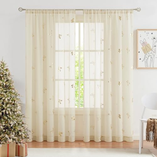 Jubilantex Durchsichtiger Schmetterlings-Vorhang für Mädchen, Kinderzimmer, Kleinkinder, Golddruck, Leinen, strukturiert, Voile, Bauernhaus, Stangentasche, Fenstervorhänge 213 cm, für Kinderzimmer, 2