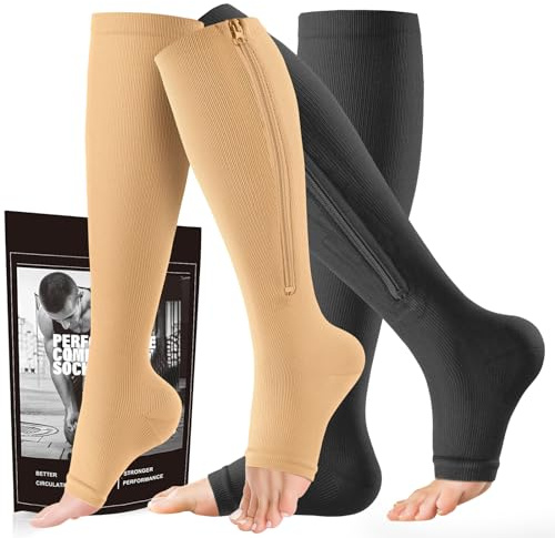 cerpite Zipper Compression Socks, 2-Pack Open Toe 15-20mmHg for Men & Women