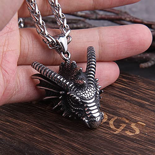 NDYD 316L Edelstahl Drachen Anhänger Halskette Viking Halskette Für Männer Schmuck Talisman Skandinavische Rune Amulett Männer Geschenk Mit Holzkiste,50cm